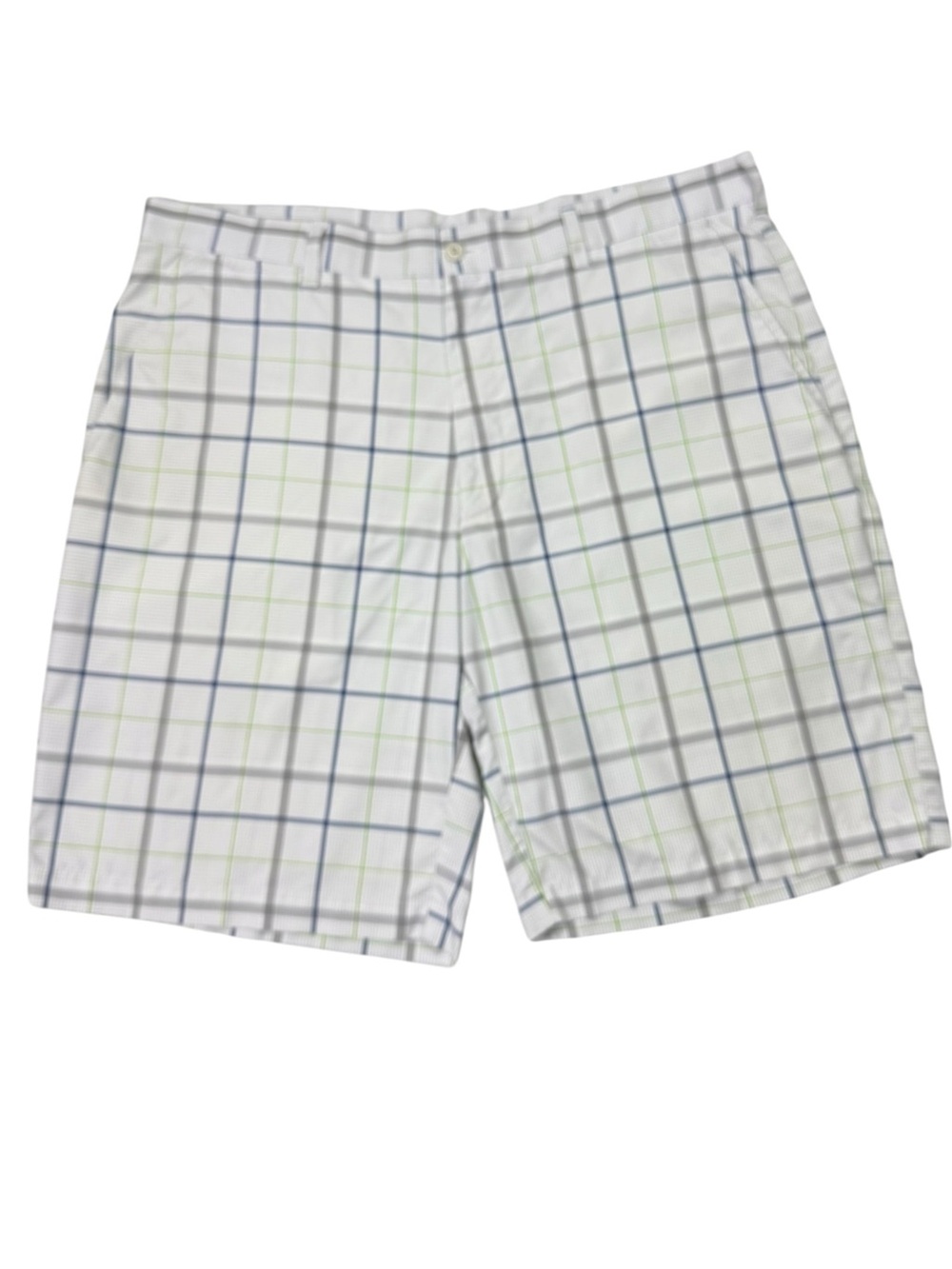 PGA TOUR Men's Plaid Golf Shorts Size 38 White Blue Green Moisture Wicking 10"